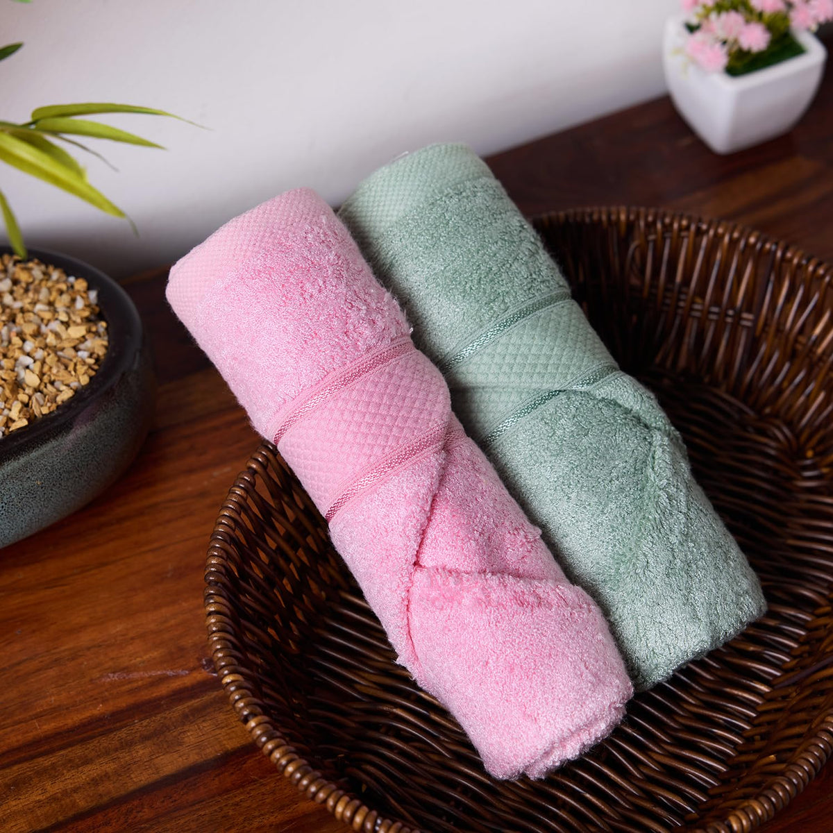 BAMBOO SOUL Bamboo Hand Towel — Pink, Mint Green